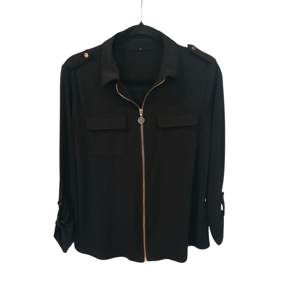 Anne Klein Black Blouse Gold Zipper Front Roll Tab Sleeves Petite Small Slinky